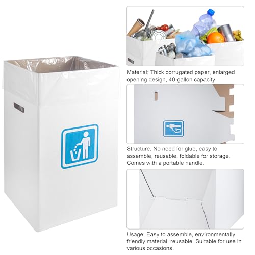 40 Gallon Cardboard Trash Cans for Events Pack of 10 with Liners - Portable & Reusable