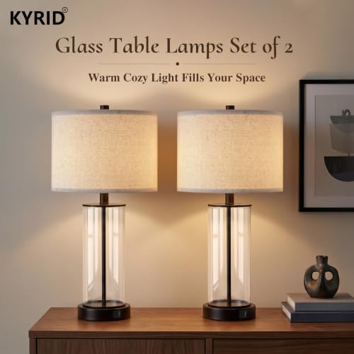Kyrid Set of 2 23.5'' Glass Table Lamps with USB Charging & Outlets for Living Room & Bedroom