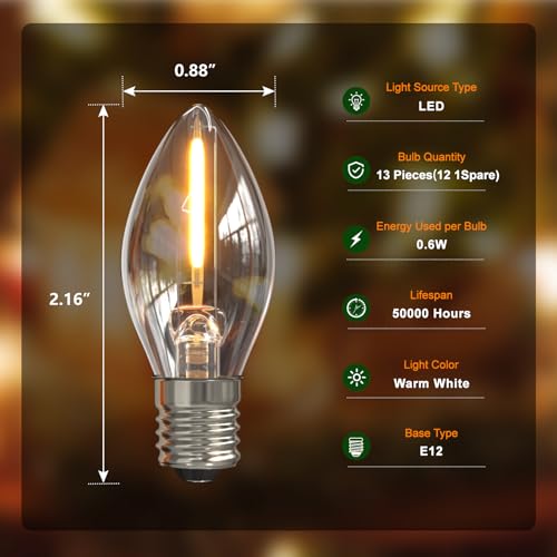 SURAIELEC 21 FT Christmas Village Lights with 12 UL Listed C7 LED Bulbs - Warm White