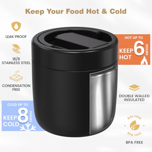 CMKPL Black Insulated Food Thermos 40.5oz with Spoon & Handle for Hot Meals