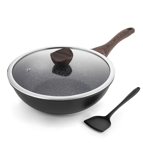 Kordisen 12 Inch Black Nonstick Wok with Lid - Granite Coating & All-Stove Compatible