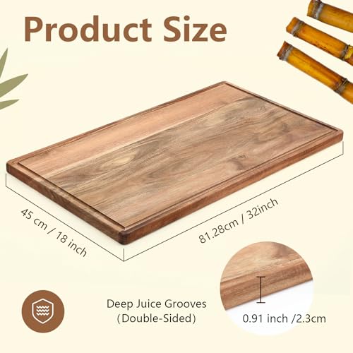 Teenyyou Natural 32.3" x 18.1" Large Acacia Wood Cutting Board with Juice Groove - Extra Large Serving and Carving Tray