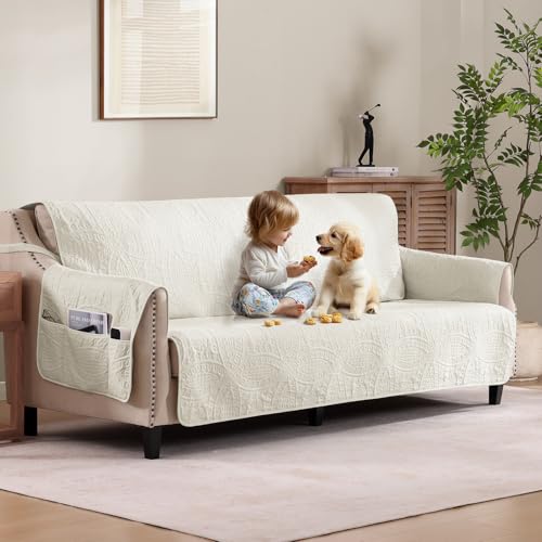 Quilted Sofa Slipcovers with Pockets, Anti-Slip Medallion Designed