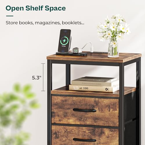 Huuger Rustic Brown Nightstands Set of 2 with Charging Station - 27.6 Inch Tall, 3 Drawers