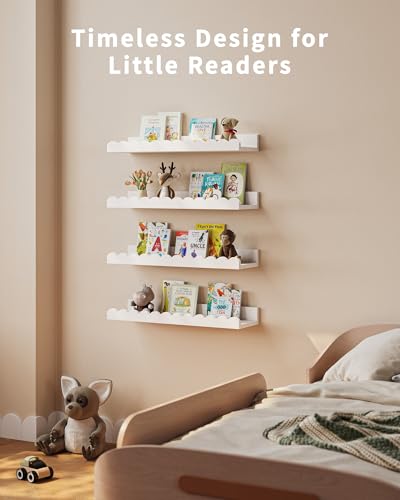 Shario Nursery Book Shelves, 4-Pack White Floating Shelves for Wall