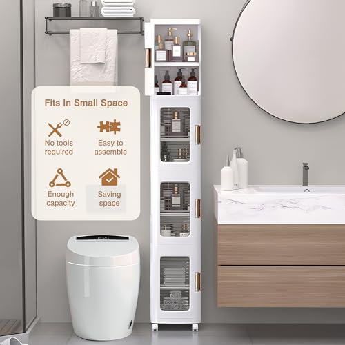 White 4-Tier Narrow Storage Cabinet with Wheels - Adjustable Shelves, Space Saving