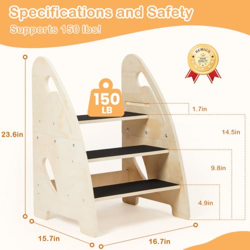 Labebe Wooden 3-Step Toddler Stool for Bathroom & Kitchen Safety