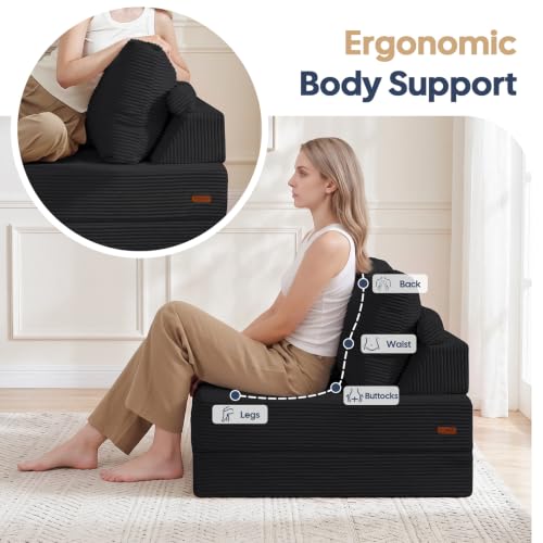 Black COMAX Folding Sofa Bed Chair - Single Floor Couch with Arm and Cup Holder