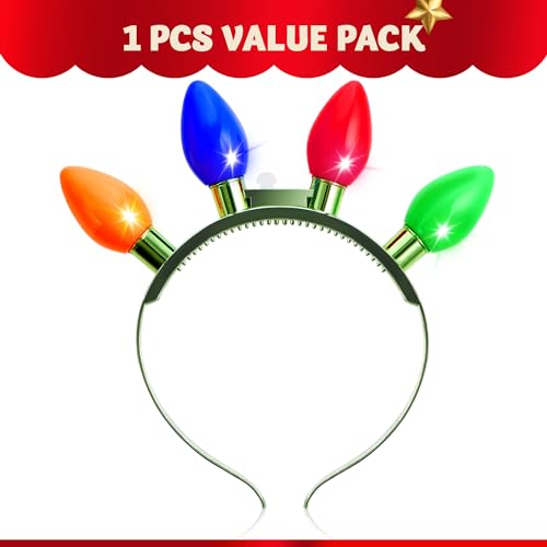 JOYIN 1 Pack Christmas Headband LED Light Bulb Flashing Headband with 4 Colorful LED Bulbs for Adults Kids Accessories Christmas Party Favors Xmas Party Supplies