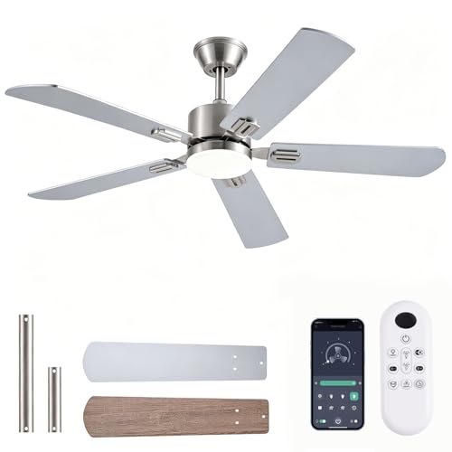 52 Inch Modern Ceiling Fan with Lights and Remote Control - Nickel Finish