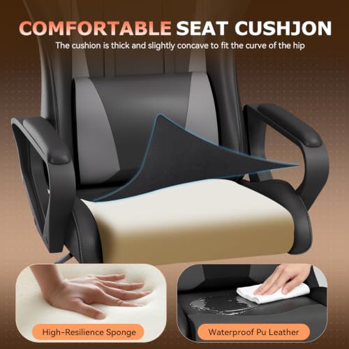 Ergonomic Gaming Chair for Adults - Gray PU Leather, High Back, Rocking, Lumbar Support, Swivel, Easy Assembly - Style1