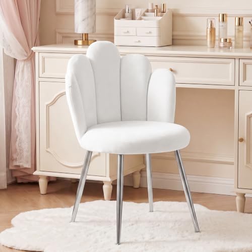 BOWTHY White Velvet Vanity Chair for Makeup Room - Midcentury Modern Accent with Metal Legs