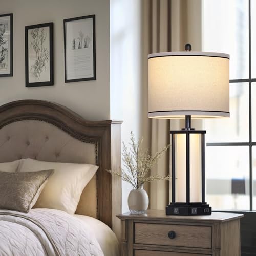27-Inch Vintage Farmhouse Table Lamp with USB-C+A Outlets, Nightlight - Black-1P