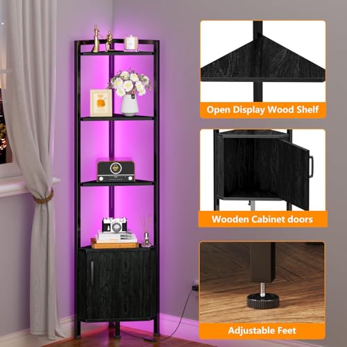 Furnulem 5-Tier Corner Shelf with LED Light - Black Oak Corner Cabinet with Doors