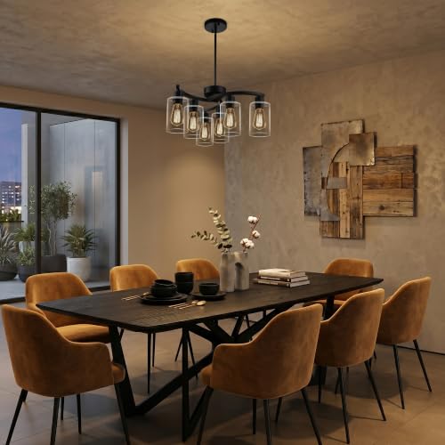 Black 6-Light Modern Farmhouse Pendant Chandelier - Adjustable Height Kitchen Lighting