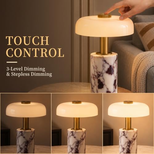Calacatta Viola Marble Cordless Table Lamp with Glass Shade & Touch Dimming
