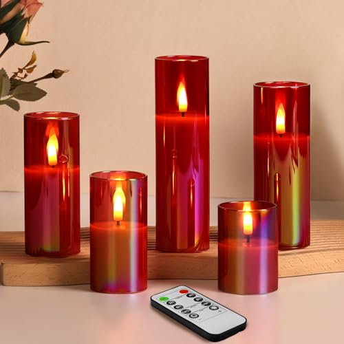 Red Glass Flameless Pillar Candles with Remote (Set of 5) Eywamage