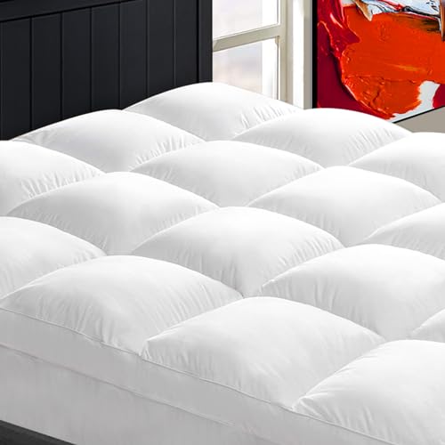 King Mattress Topper - Snow White Thick Overfilled Bed Pad for Back Pain