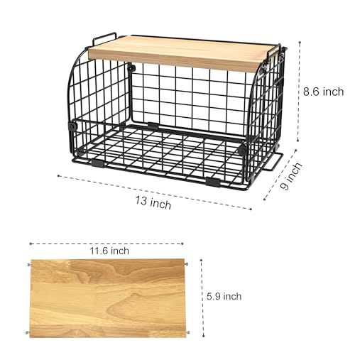 Stackable Wire Basket with Openable Bamboo Top for Kitchen Pantry Storage