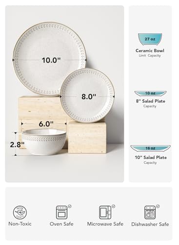 LE TAUCI 12-Piece Dinnerware Set for 4 - Ceramic Plates & Bowls, Chip-Resistant, Microwave & Dishwasher Safe, Beige Wheat, 4-Set