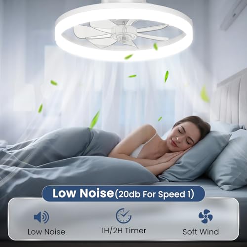 CHAREADA 20-Inch White Ceiling Fan with Light, Remote & App Control, Low Profile Foldable Design