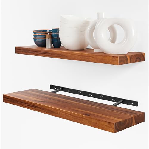 BATODA 24-Inch Acacia Wood Floating Shelves Set of 2 Wall Mounted Rustic Storage
