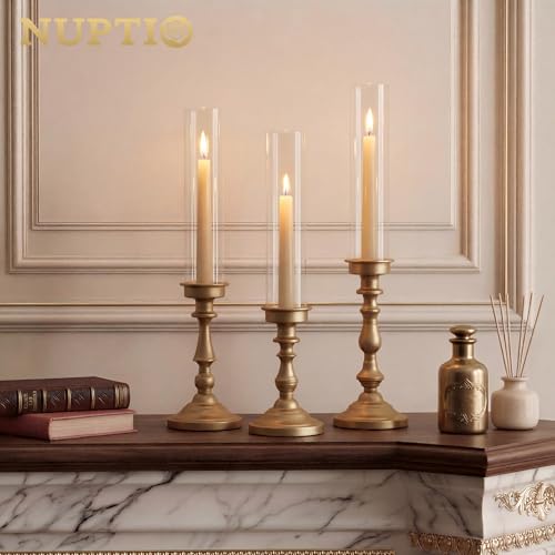 Set of 6 Gold Hurricane Candle Holders with Glass Shades - Vintage Taper Holders