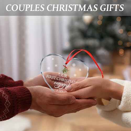 Thyle Engagement Gifts for Couples 2025 Heart Shaped Mistletoe Pattern Crystal Just Married Ornaments First Christmas Engaged Ornament for Newly Engaged Couples and Fiance Gifts for Women