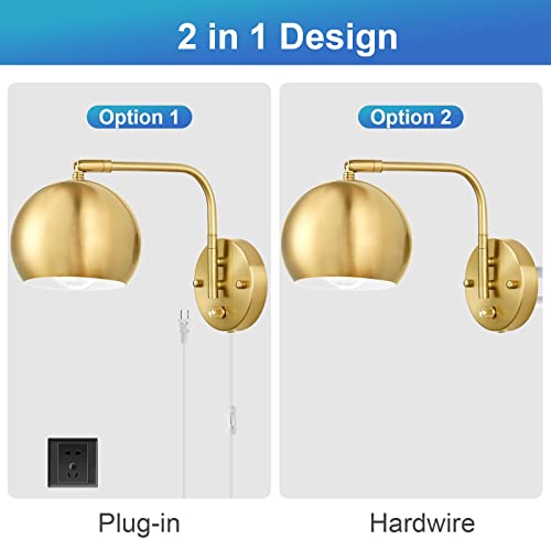 VATONI 2 Pack Gold Dimmable Wall Sconces with Plug-in Cord & Knob Switch, Swing Arm, Globe Lights for Bedroom Hallway