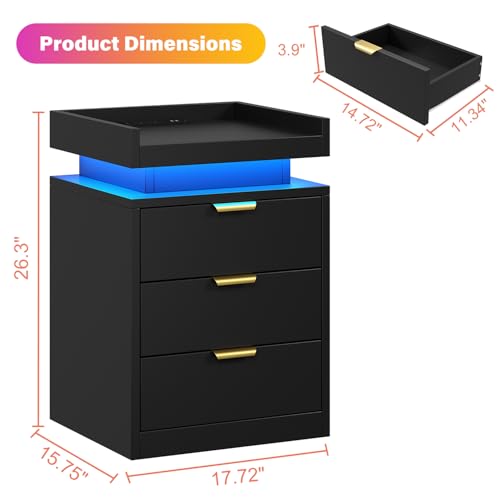 knoworld LED Nightstand with Charging Station & USB Ports, 3-Drawer