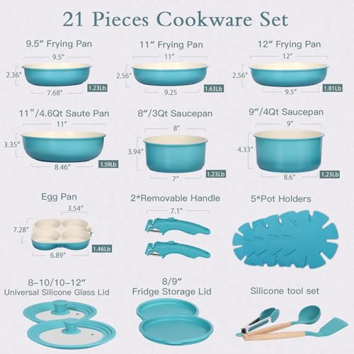 Nonstick Cookware Set 21 Pcs with Detachable Handles - Light Blue Gradient