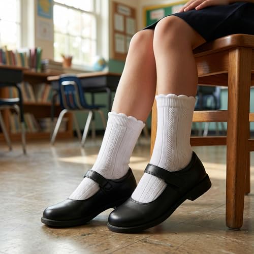 Girls Socks 6 Pairs Cotton Ruffle Crew Ankle Socks for Ages 2-14, White, Size 6-8 Years