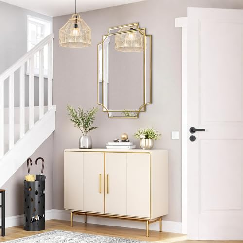 HQiJun 30x20 Inch Gold Wall Mirror with Wooden Frame — Beveled Irregular Rectangle Design for Bedroom & Living Room
