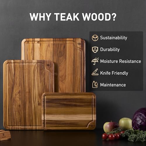 Multi-Size Teak Cutting Board Set - 3 Pack with Holder - Non-Toxic Kitchen Wood Boards