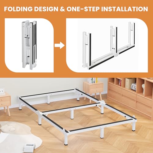 White Queen Metal Bed Frame 8-Inch Support with 9 Legs, Folding Design
