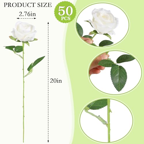 Artificial Roses Bulk 50 White Silk Flowers for DIY Decor - Long Stems
