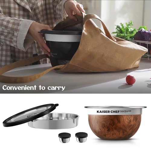 Kaiser Chef Wood Variation Stainless Steel 74oz Salad Bowl Kit with Lid & Accessories