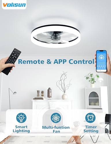 VOLISUN Black 20in LED Ceiling Fan with Lights, Dimmable Remote, Quiet Flush Mount