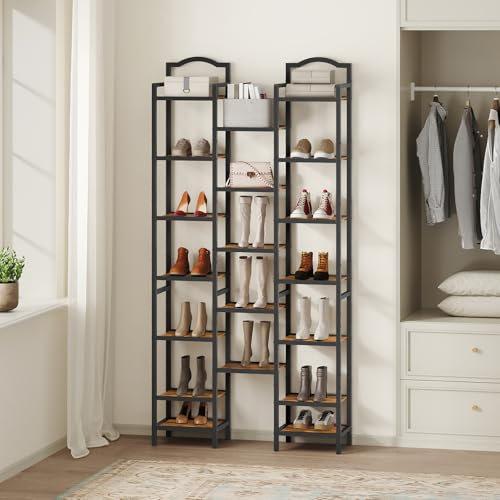 12-Tier Tall Wooden Shoe Rack - Space Saving Vertical Organizer, Rustic Brown & Black, 11x11x85.8 Inches