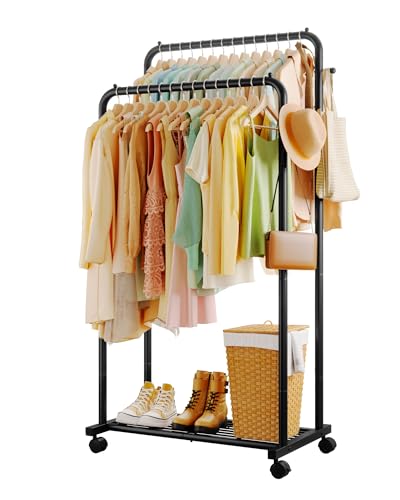 Large Black Double Rod Clothes Rack with Mesh Shelf & Hooks - 28.7 W x 16.5 D x 59.1 H