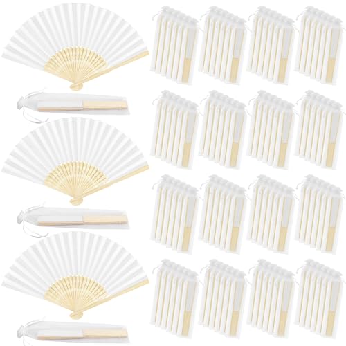 120 Pcs White Bamboo Handheld Paper Fans with Organza Bags Wedding Party Favors