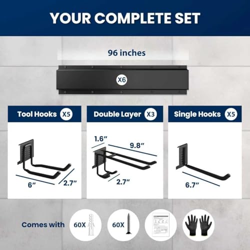 Black 96-Inch Heavy-Duty Metal Garage Tool Organizer Wall Mount – Supports 960 lbs