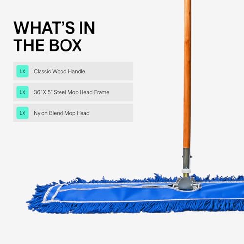 36 Inch Blue Commercial Dust Mop & Floor Sweeper with Wood Handle - 5 Inch Width