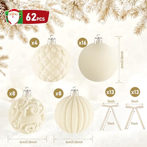 62PCS Cream Yellow Velvet Christmas Ornaments & Bows Set - Shatterproof Holiday Decorations