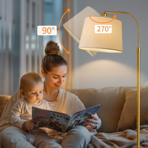 Oneach 62-Inch Gold Floor Lamp for Living Room and Bedroom - Vintage Mid-Century Modern Arc Standing Light with Linen Shade - Variation: Gold