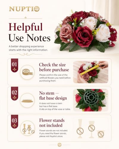 Artificial Flower Centerpieces - Fake Rose Balls with Patented Bases, 10 Pcs, Burgundy & White