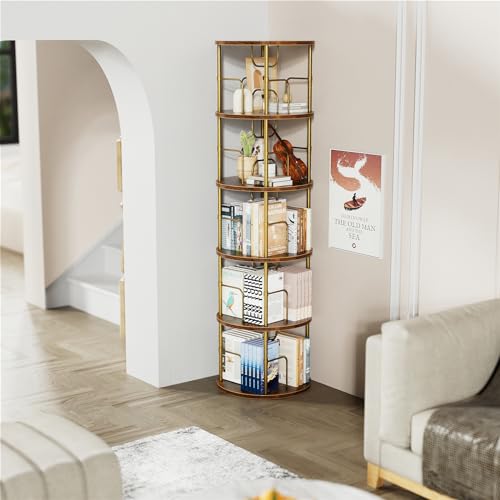 Round 5-Tier Rotating Bookshelf - Gold, Narrow Space-Saving Spinning Bookcase
