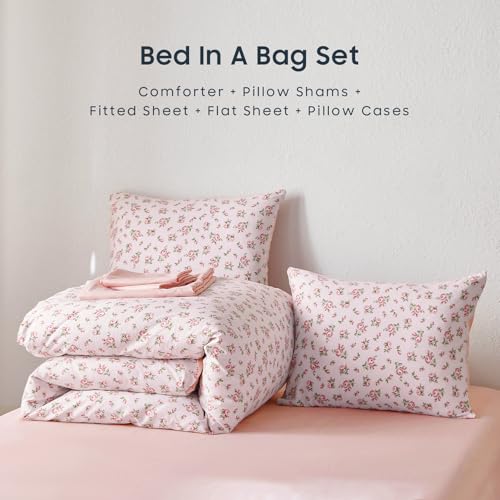 Full Pink Floral Comforter Set with Sheets - 7 Piece Bed in a Bag for Women & Teen Girls