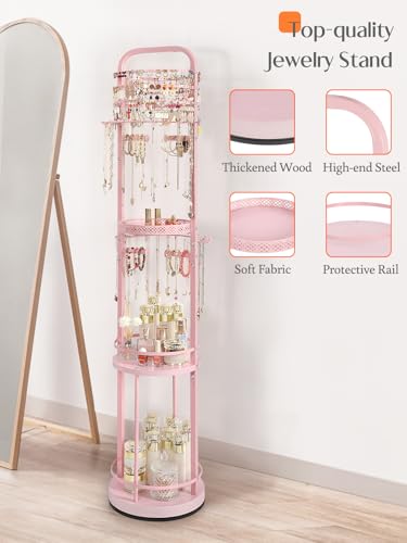 Pink Rotating Jewelry Organizer Stand with Earring, Necklace & Bracelet Storage