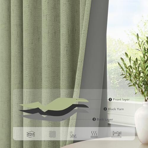 Pitalk Sage Green 2P Dark Out Curtains 52x84 in – Boho Linen Texture, Thermal Insulated